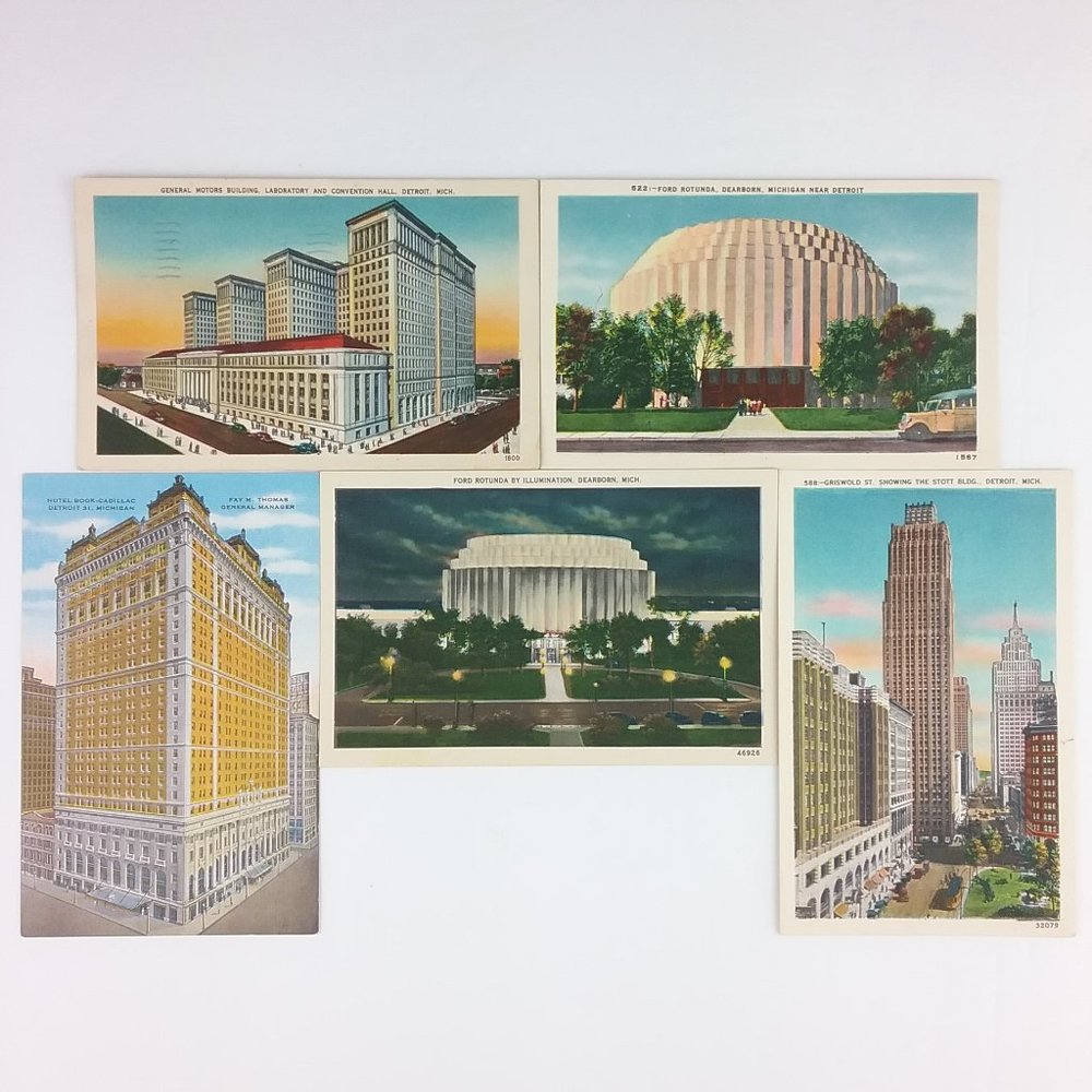 Ford Rotunda Dearborn Michigan Stott Bldg. Detroit Book Cadillac GM Postcard Lot